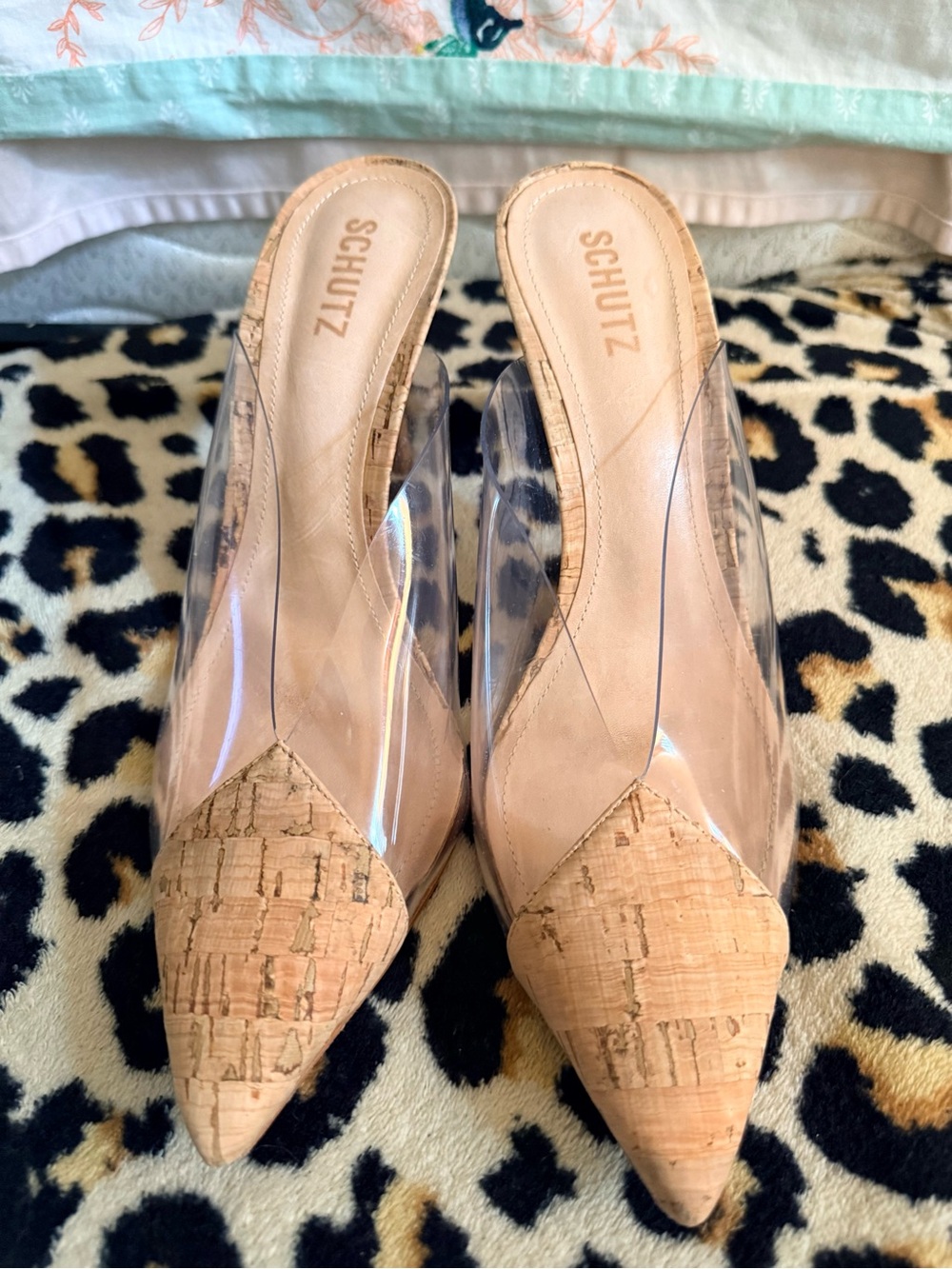 SCHUTZ Clear PVC Pointed Cork Toe Mules in Nude